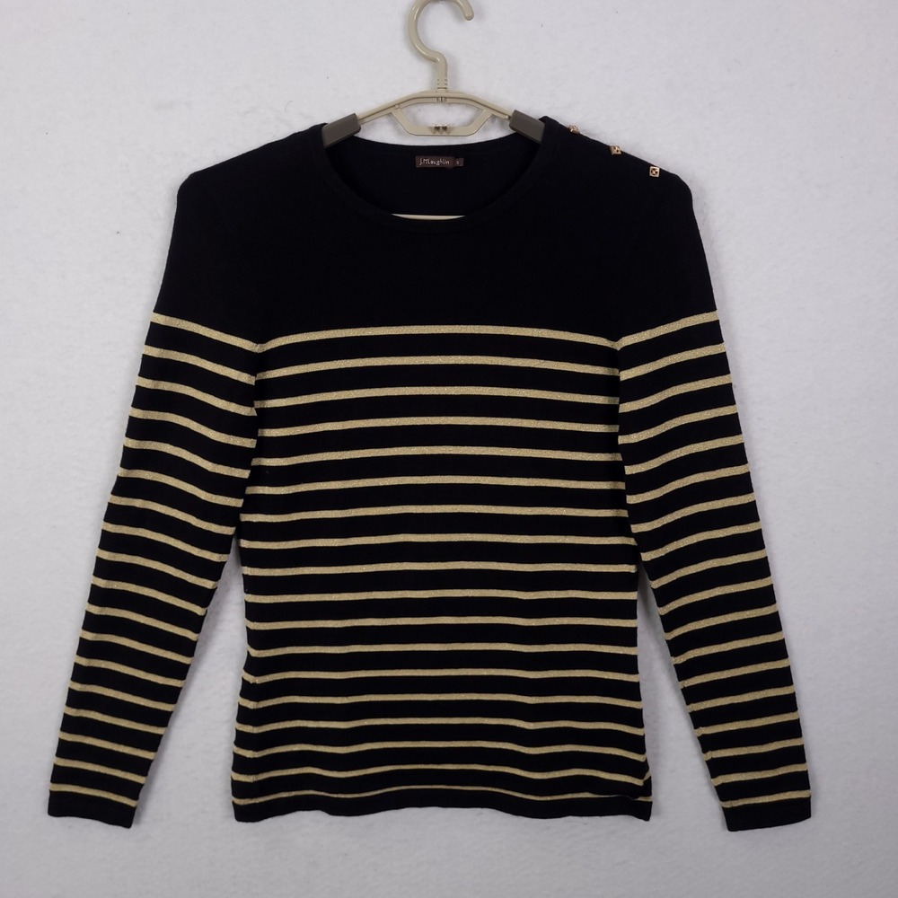 J McLaughlin Knit Top Womens Small Black Gold Metallic Striped Button Shoulder